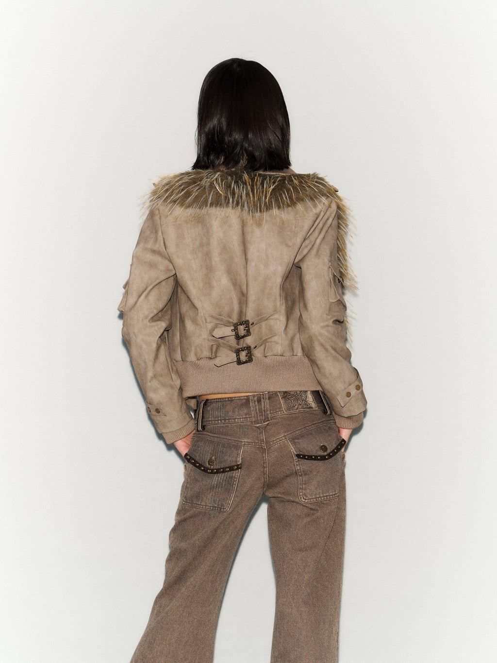 Flowers birds Market Windproof Removable Faux Fur Slim Fit Street Women Gray Green Leather Jackets