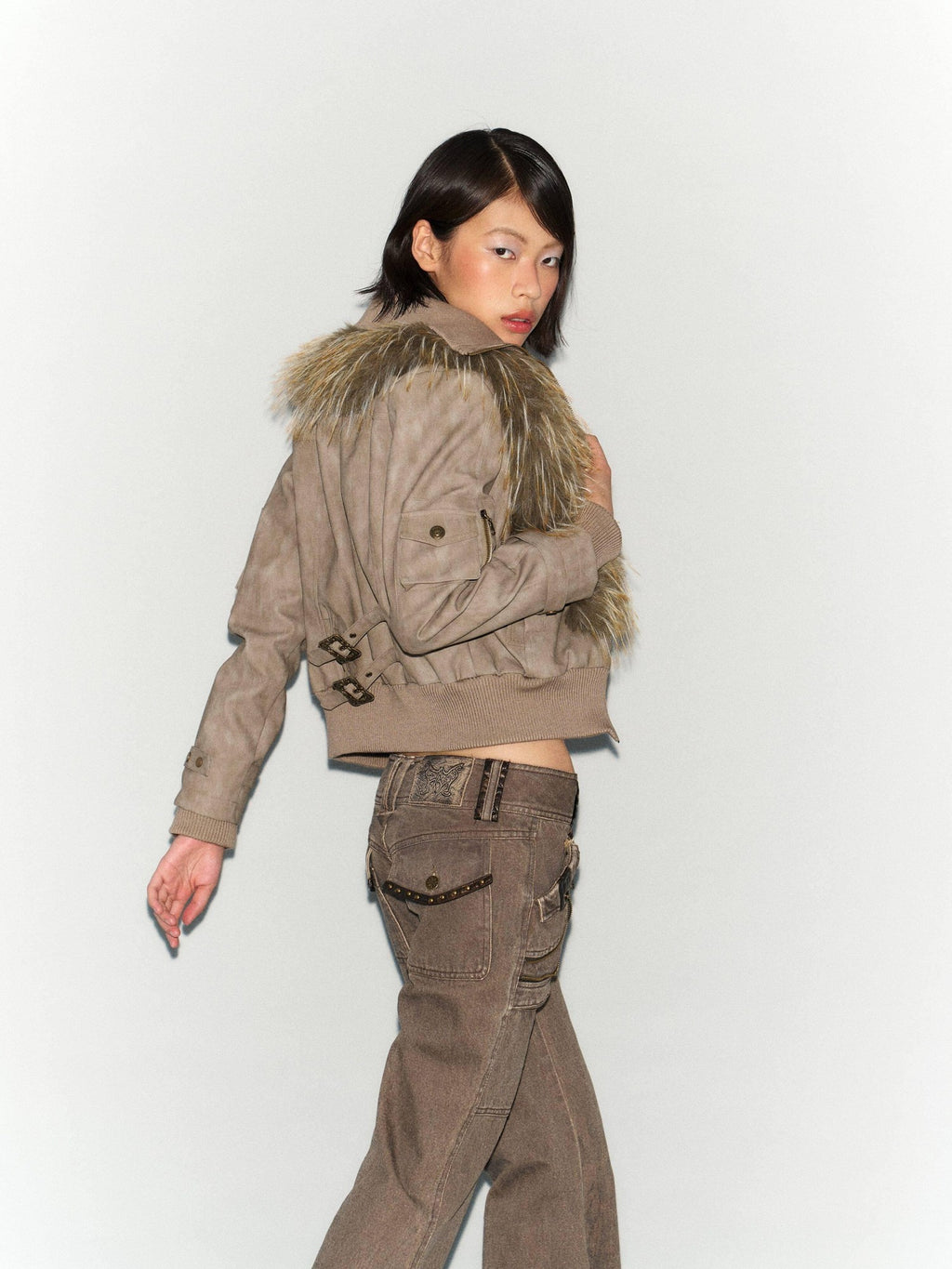 Flowers birds Market Windproof Removable Faux Fur Slim Fit Street Women Gray Green Leather Jackets
