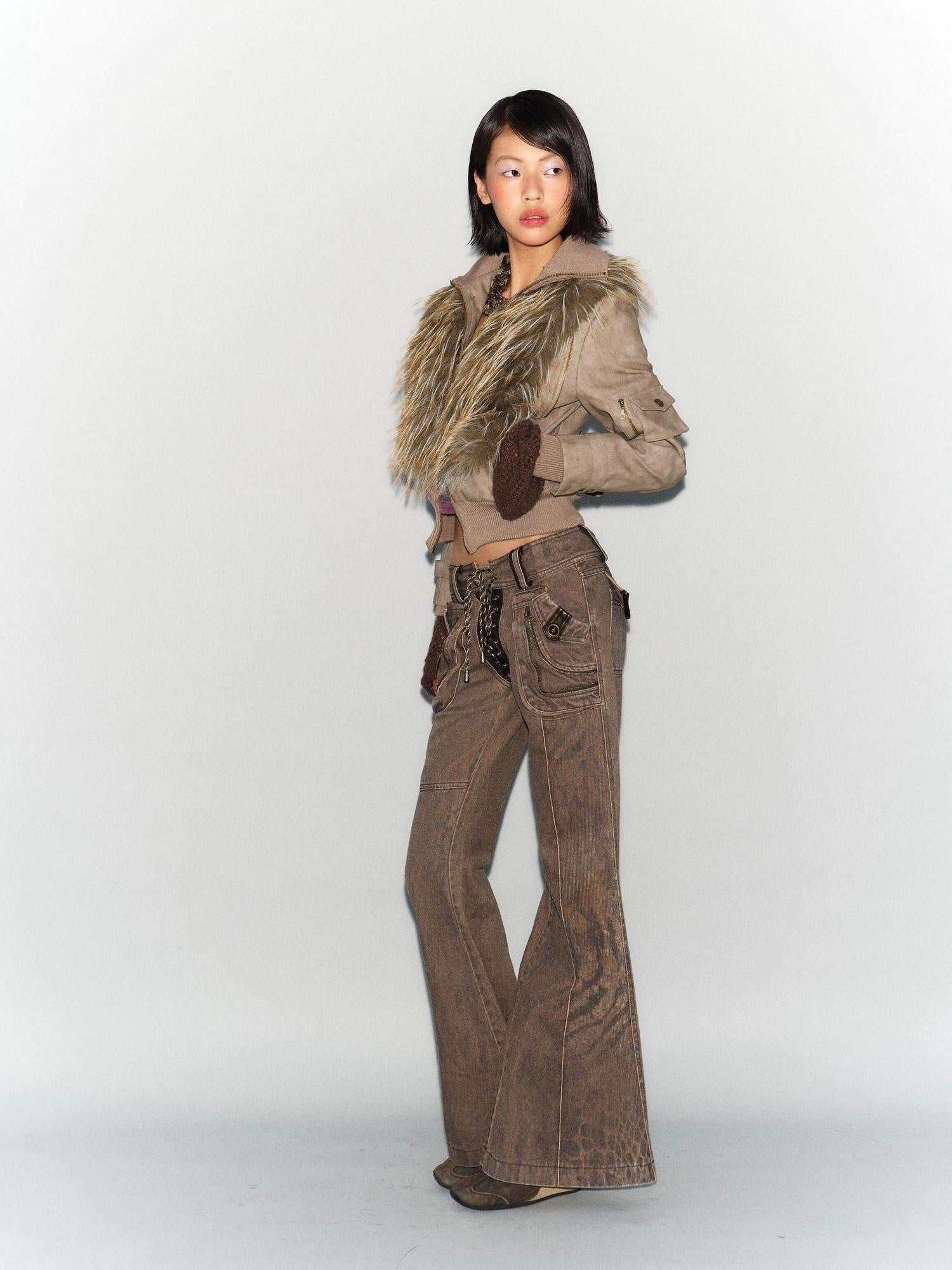 Flowers birds Market Windproof Removable Faux Fur Slim Fit Street Women Gray Green Leather Jackets