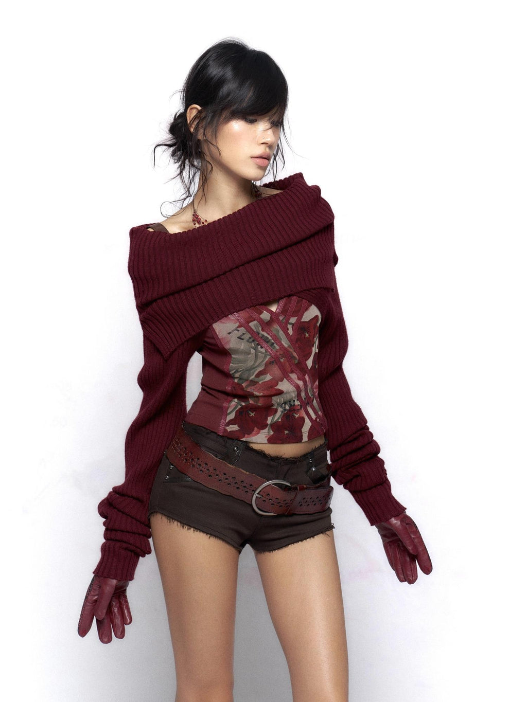 Flowers birds Market Wine Red Two Tone Slouchy Mock Neck Long Sleeve Women Casual T Shirt Crop Tops