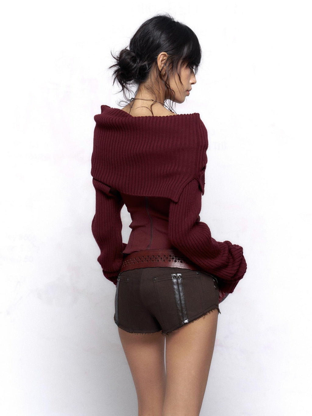 Flowers birds Market Wine Red Two Tone Slouchy Mock Neck Long Sleeve Women Casual T Shirt Crop Tops
