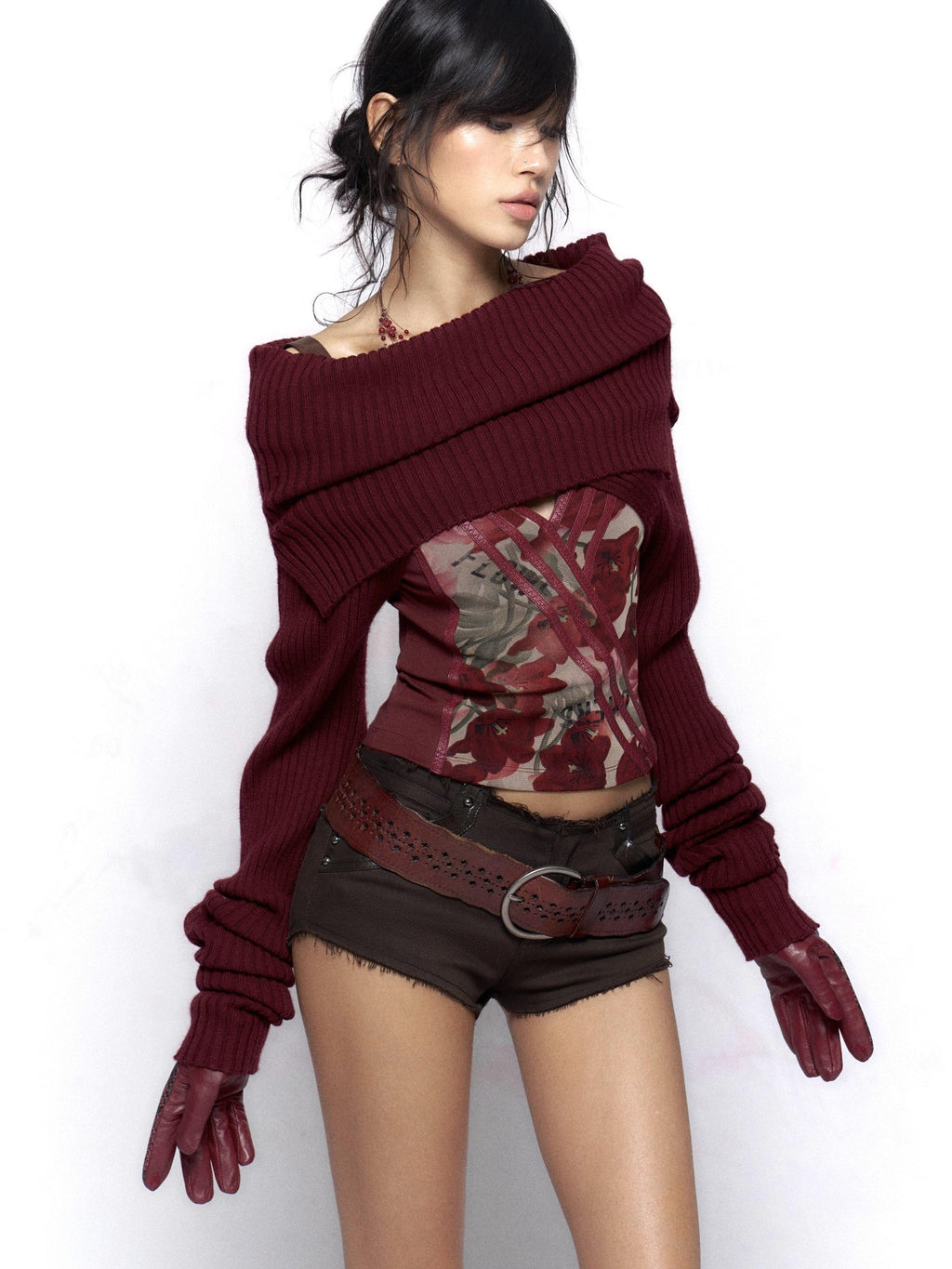 Flowers birds Market Wine Red Two Tone Slouchy Mock Neck Long Sleeve Women Casual T Shirt Crop Tops