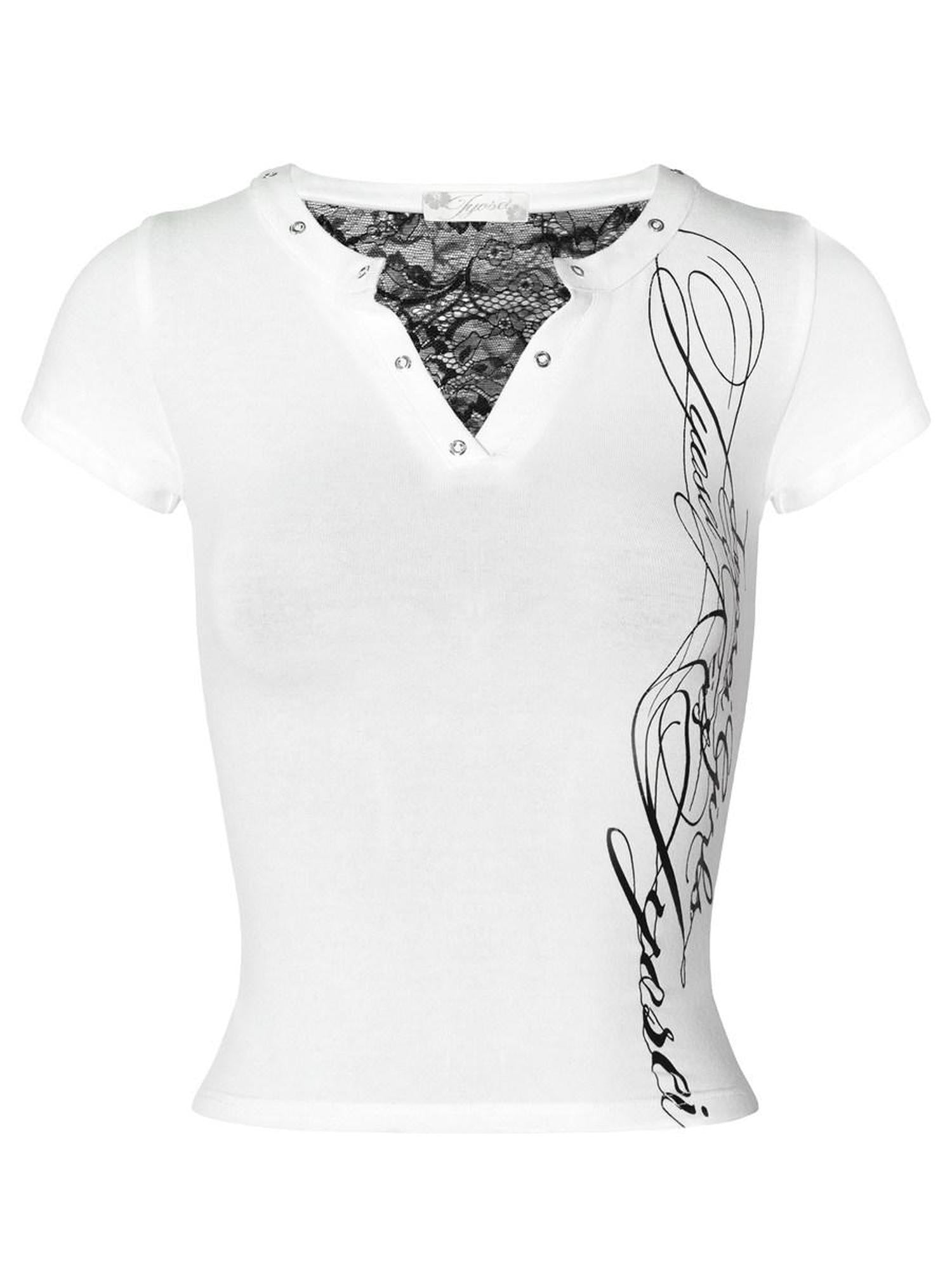 JYOSEI Breathable Lace Cutout Street Slim V-neck Women Letter Print Basic Crop Tops