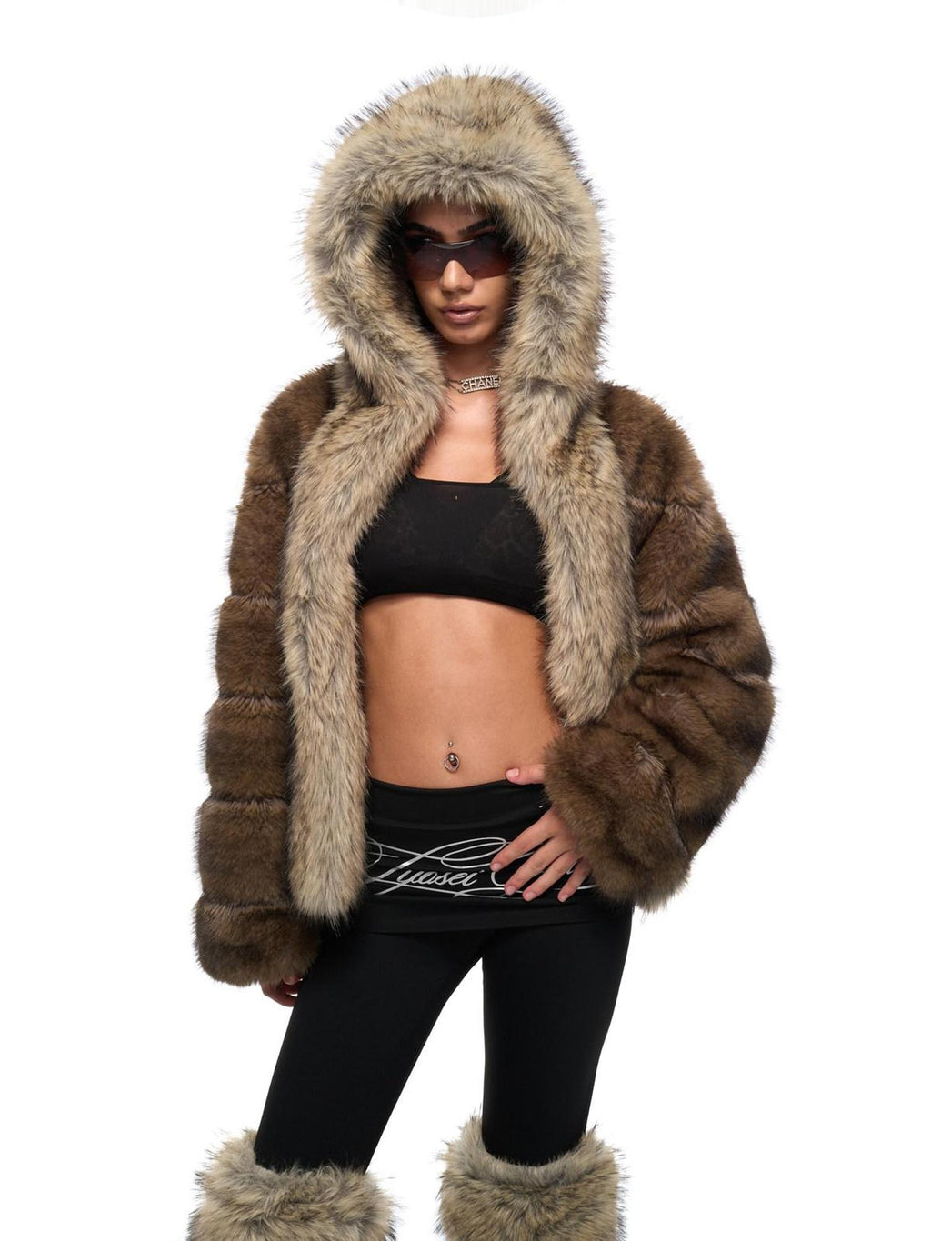 Cozy Faux Fur Panel Warm Oversized Hooded Daily Women Contrast Pocket Short Coat