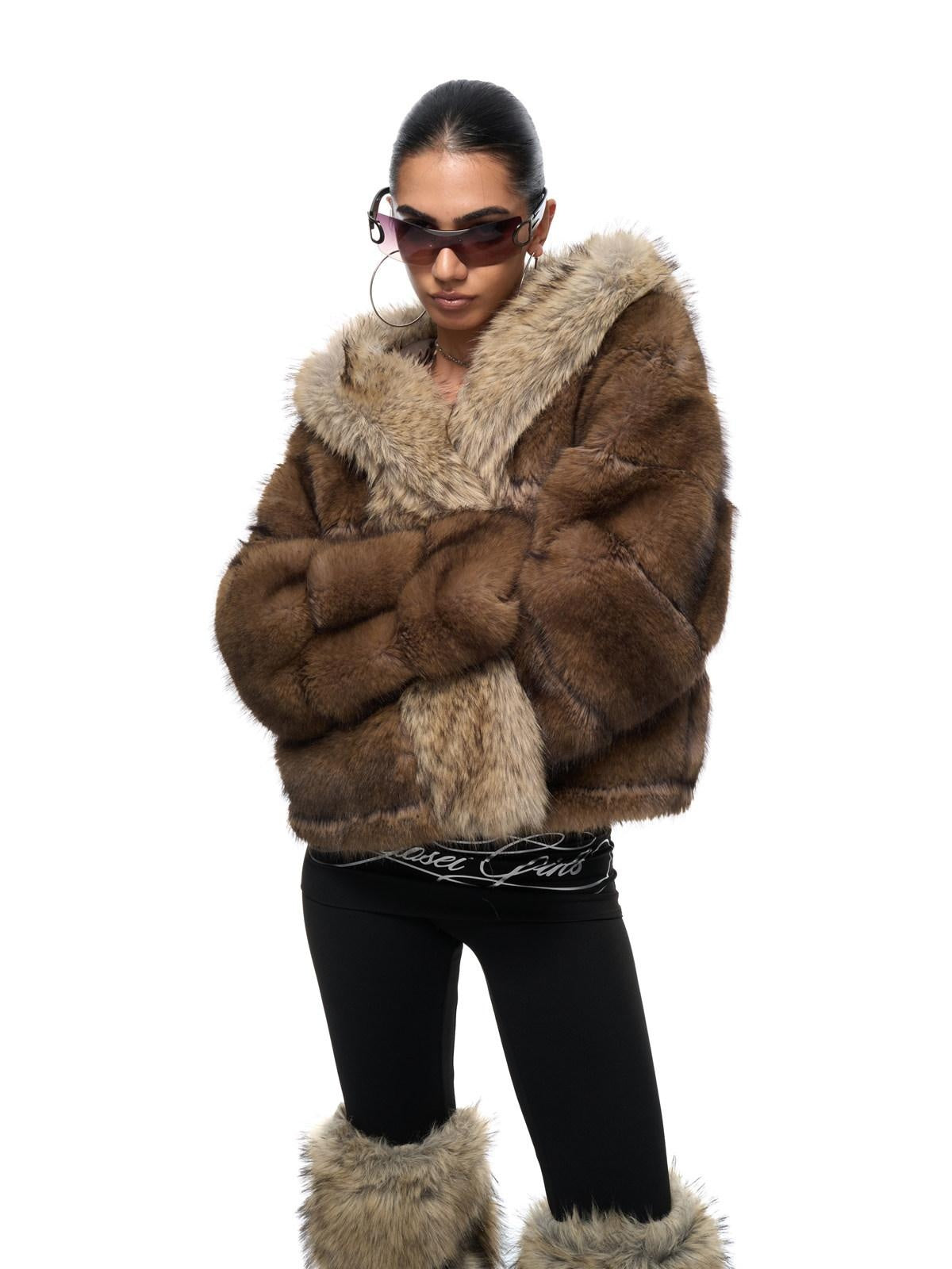 Cozy Faux Fur Panel Warm Oversized Hooded Daily Women Contrast Pocket Short Coat