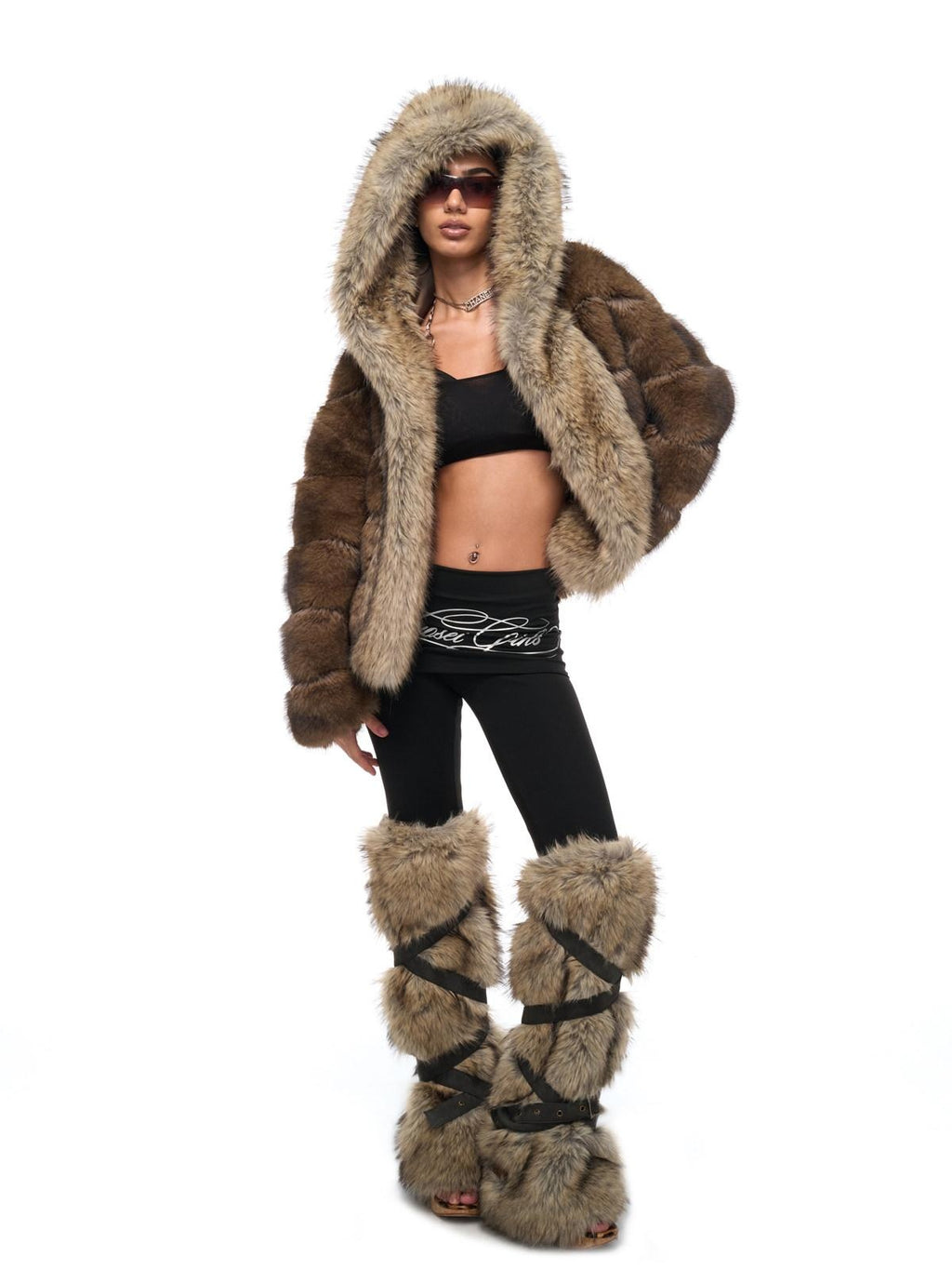 Cozy Faux Fur Panel Warm Oversized Hooded Daily Women Contrast Pocket Short Coat