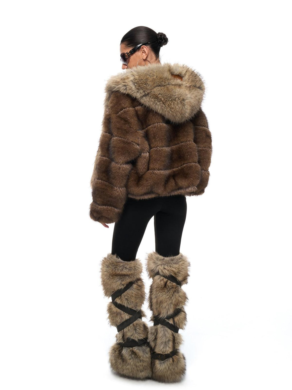 Cozy Faux Fur Panel Warm Oversized Hooded Daily Women Contrast Pocket Short Coat