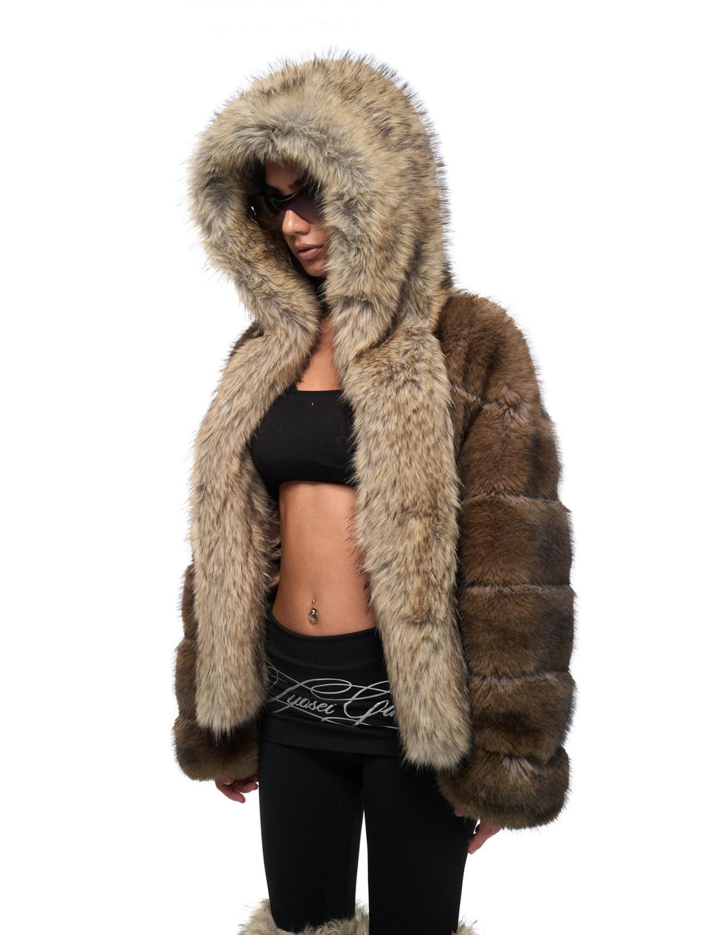 Cozy Faux Fur Panel Warm Oversized Hooded Daily Women Contrast Pocket Short Coat
