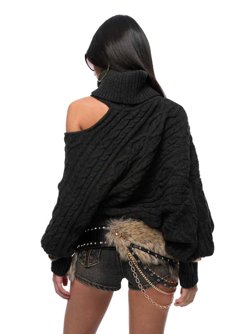 JYOSEI Cozy Thick Knit High Neck Asymmetric Cutout Oversized Hollow Diamond Sweaters