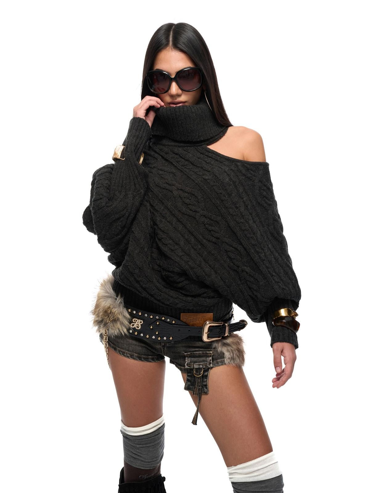 JYOSEI Cozy Thick Knit High Neck Asymmetric Cutout Oversized Hollow Diamond Sweaters