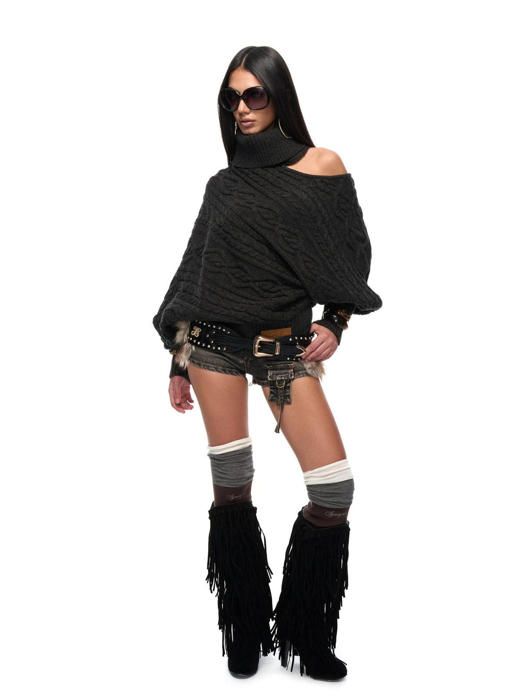 JYOSEI Cozy Thick Knit High Neck Asymmetric Cutout Oversized Hollow Diamond Sweaters