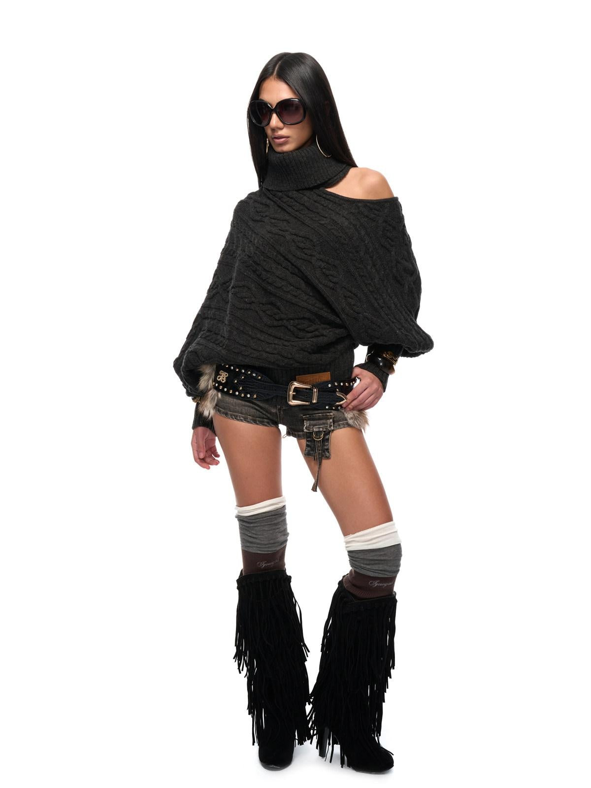 JYOSEI Cozy Thick Knit High Neck Asymmetric Cutout Oversized Hollow Diamond Sweaters