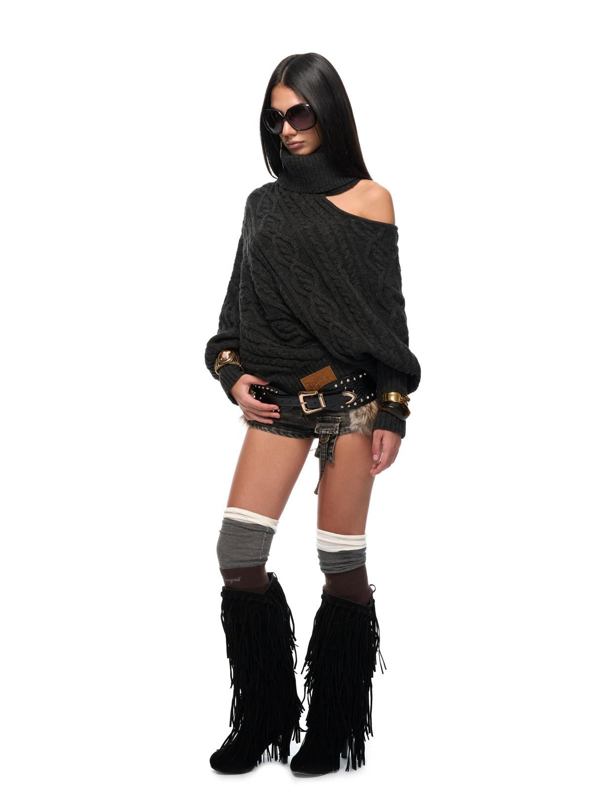 JYOSEI Cozy Thick Knit High Neck Asymmetric Cutout Oversized Hollow Diamond Sweaters