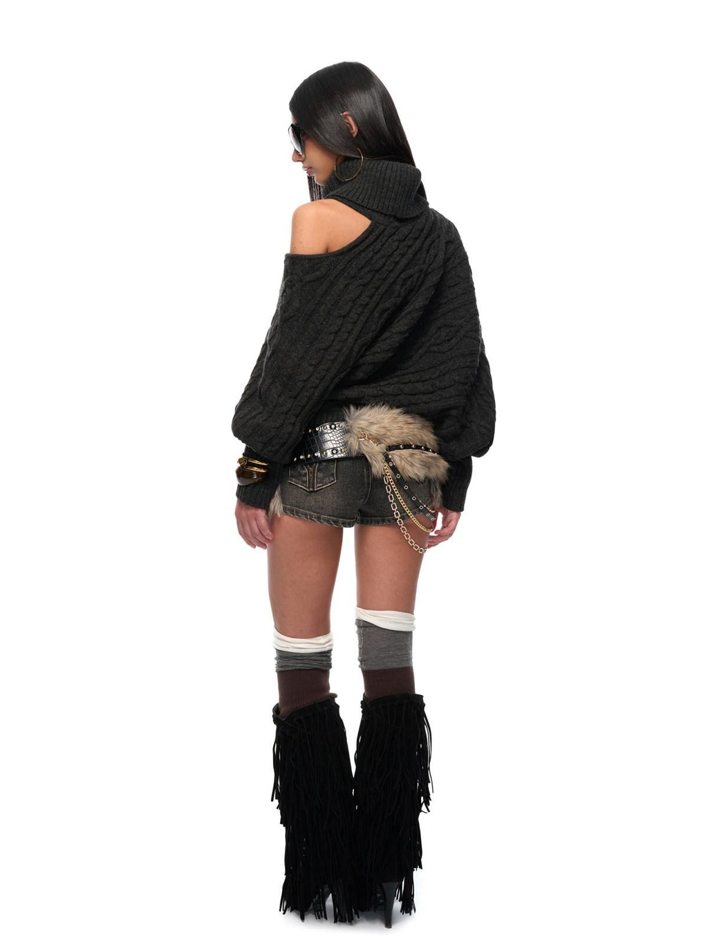 JYOSEI Cozy Thick Knit High Neck Asymmetric Cutout Oversized Hollow Diamond Sweaters
