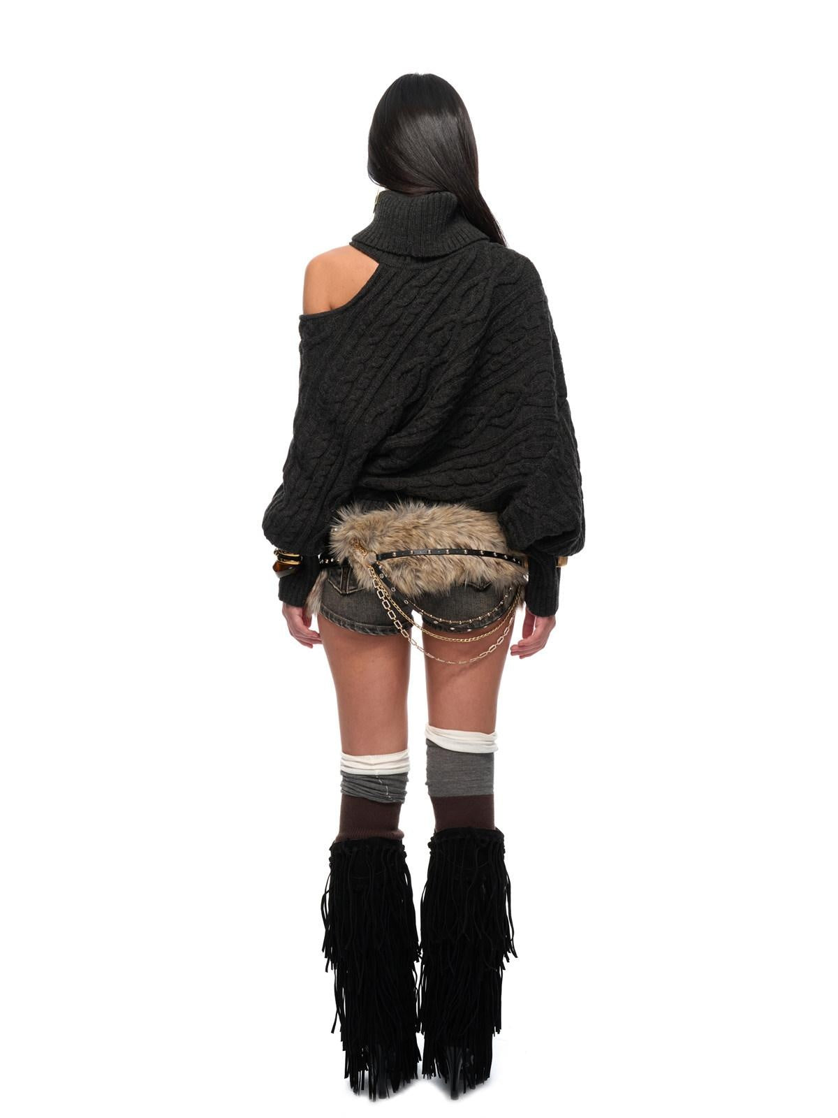 JYOSEI Cozy Thick Knit High Neck Asymmetric Cutout Oversized Hollow Diamond Sweaters