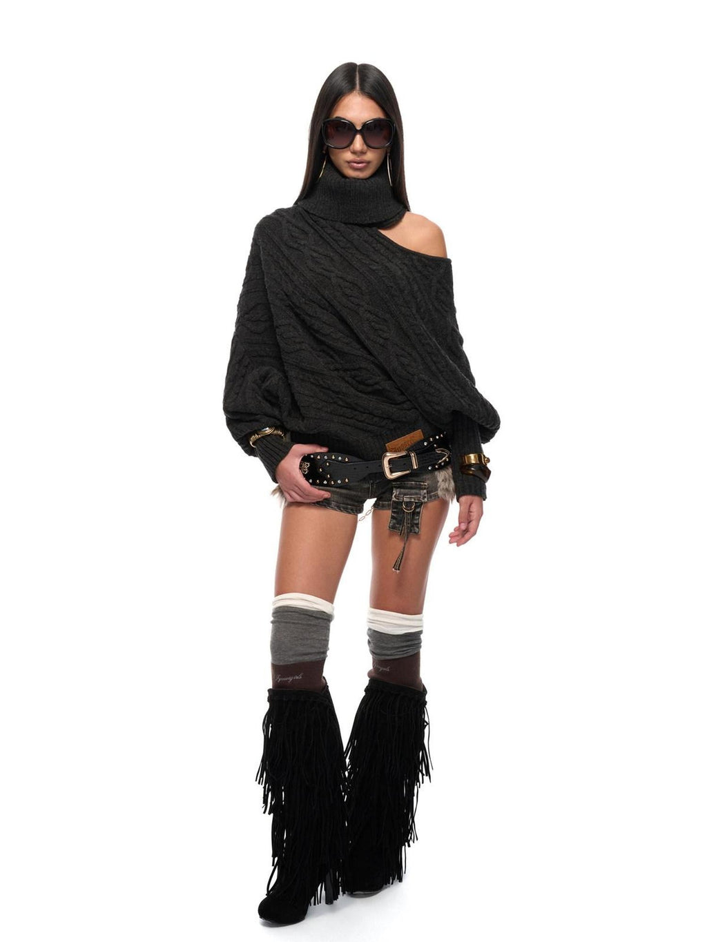 JYOSEI Cozy Thick Knit High Neck Asymmetric Cutout Oversized Hollow Diamond Sweaters