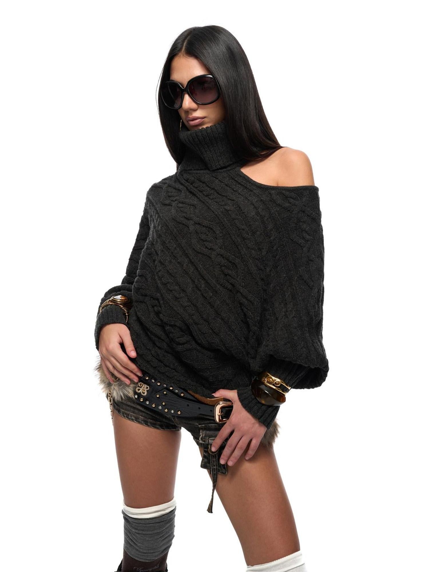 JYOSEI Cozy Thick Knit High Neck Asymmetric Cutout Oversized Hollow Diamond Sweaters