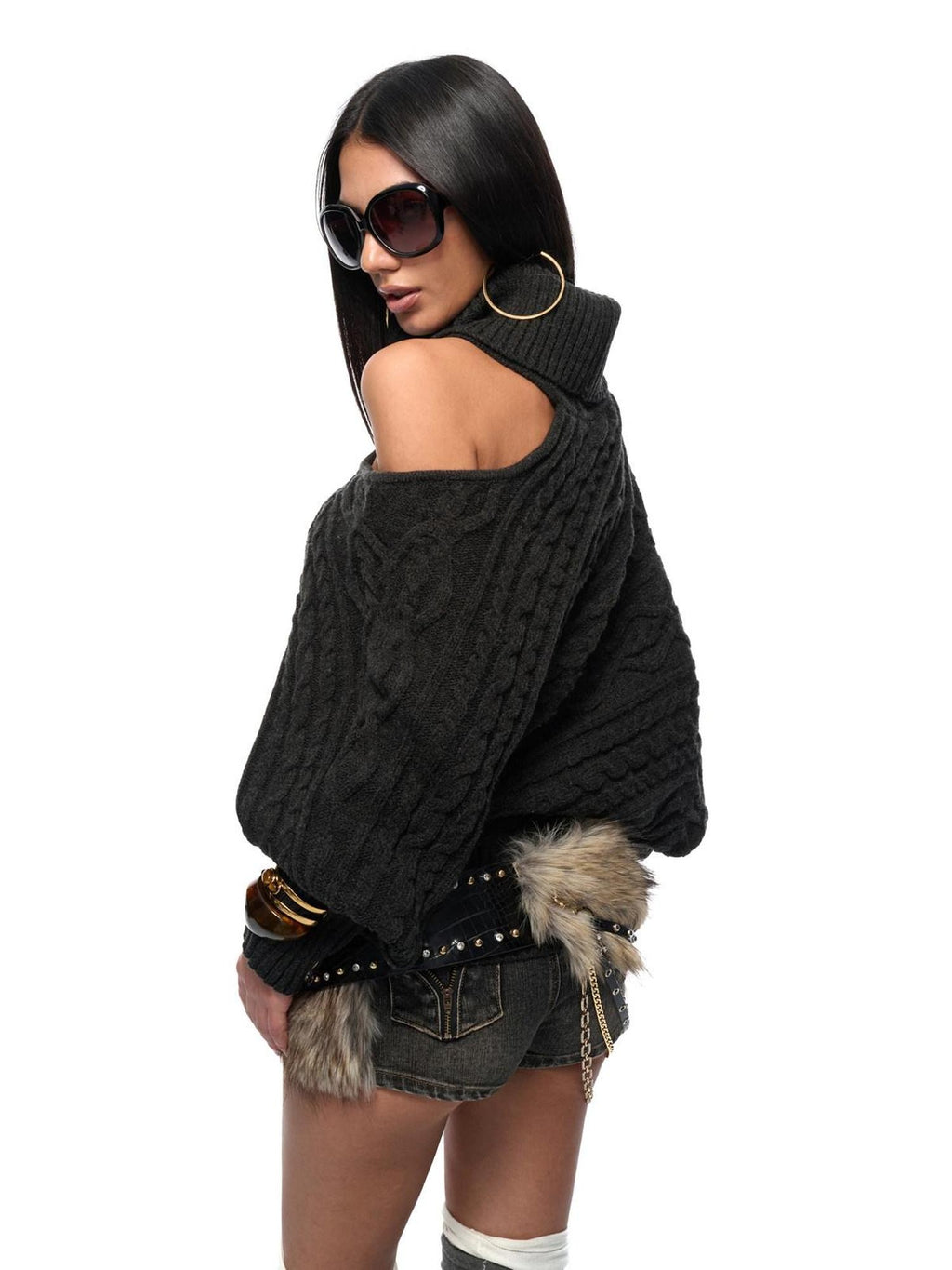 JYOSEI Cozy Thick Knit High Neck Asymmetric Cutout Oversized Hollow Diamond Sweaters