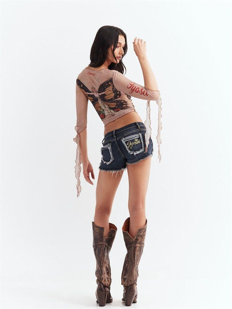 JYOSEI Durable Slight Stretch Sexy Low Rise Skinny Zip Fly Women Dark Wash Denim Shorts