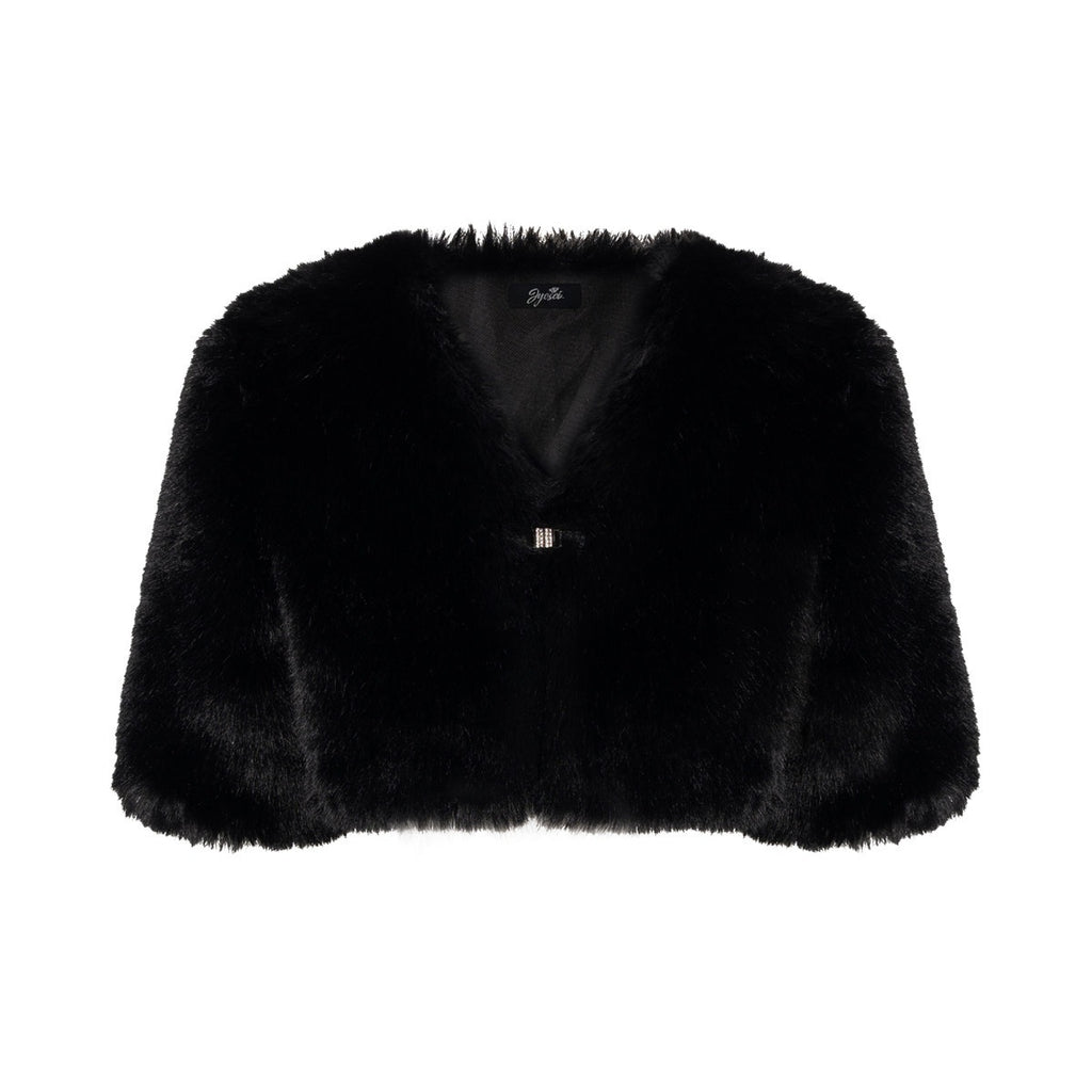 JYOSEI_Eco_Friendly_Warm_Faux_Fur_Cleanfit_Loose_V-neck_Women_Black_Cropped_Jackets_MISSTT