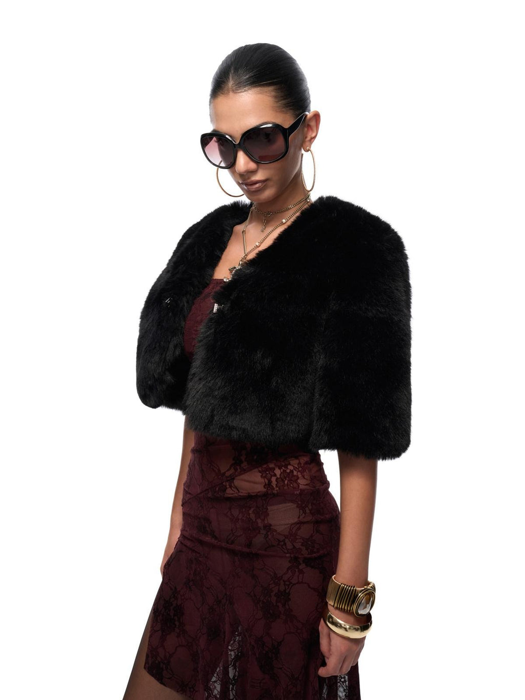 JYOSEI Eco Friendly Warm Faux Fur Cleanfit Loose V-neck Women Black Cropped Jackets