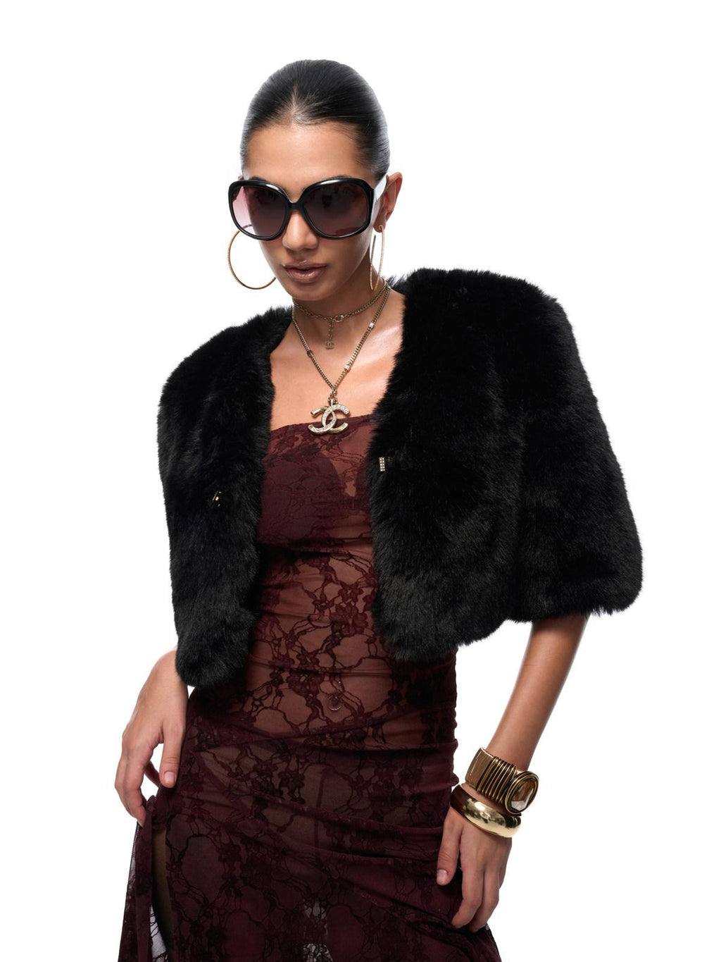 JYOSEI Eco Friendly Warm Faux Fur Cleanfit Loose V-neck Women Black Cropped Jackets