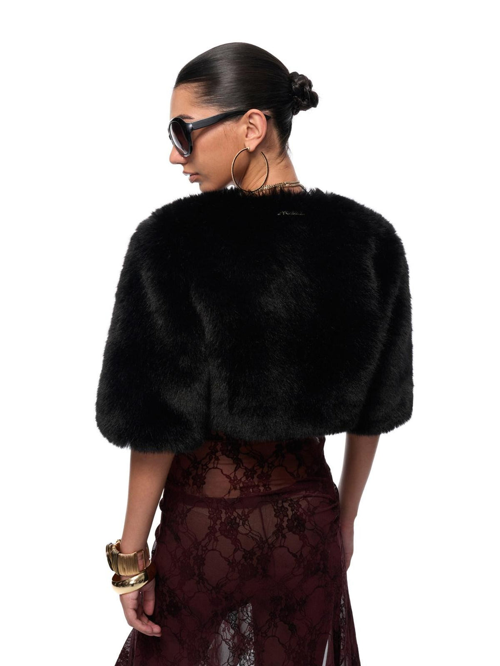 JYOSEI Eco Friendly Warm Faux Fur Cleanfit Loose V-neck Women Black Cropped Jackets