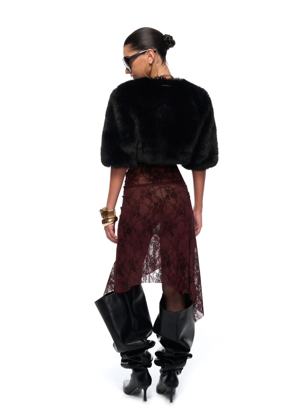 JYOSEI Eco Friendly Warm Faux Fur Cleanfit Loose V-neck Women Black Cropped Jackets