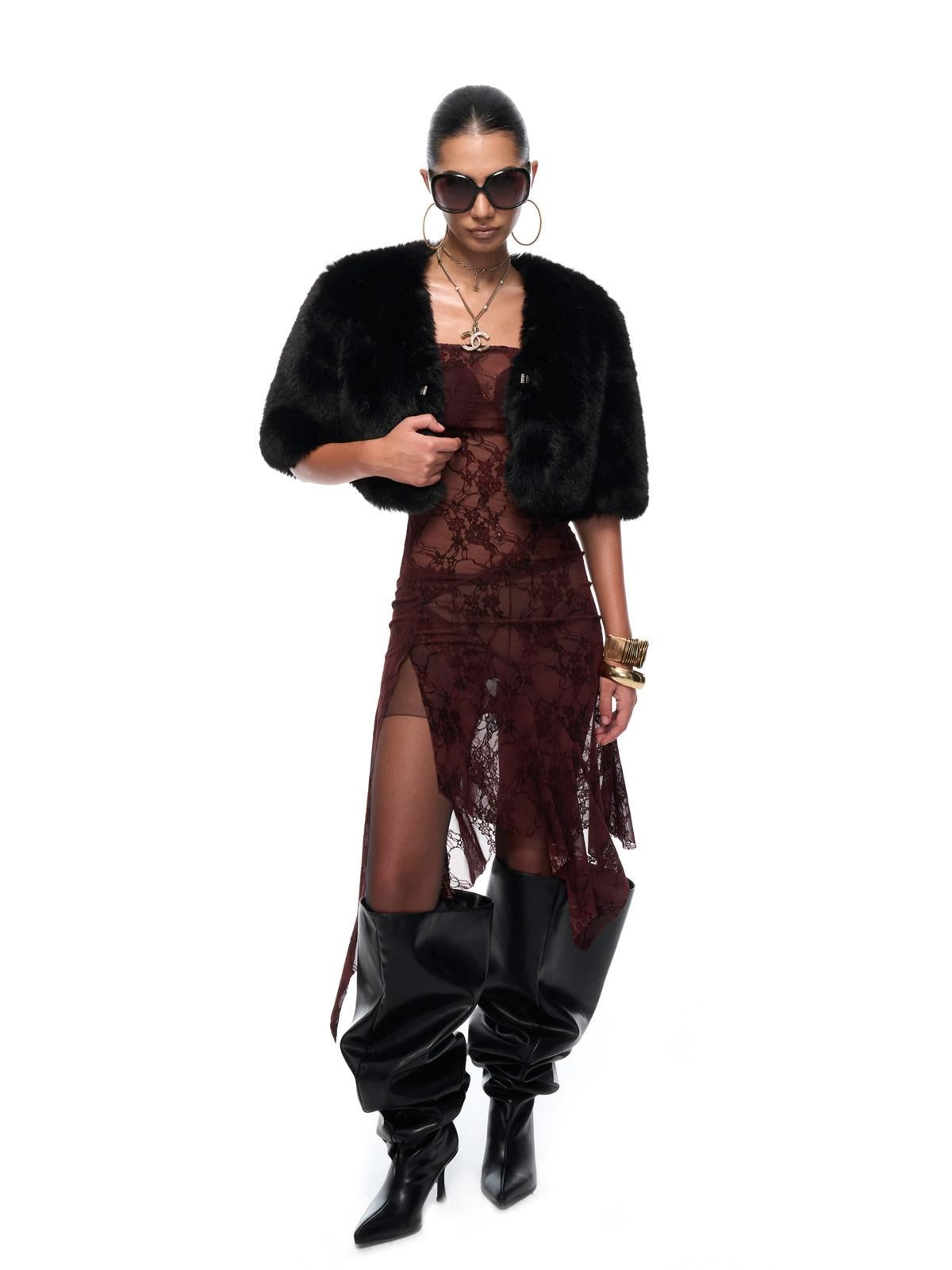 JYOSEI Eco Friendly Warm Faux Fur Cleanfit Loose V-neck Women Black Cropped Jackets
