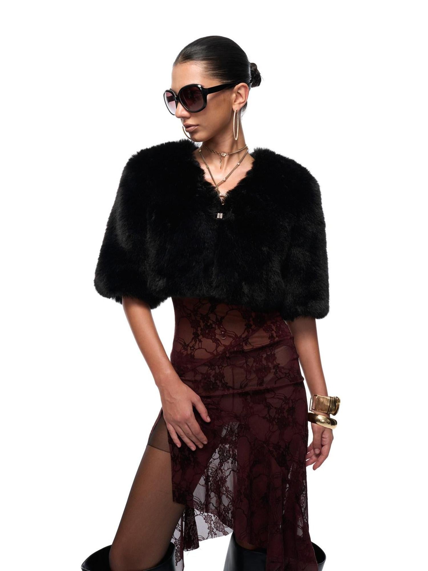 JYOSEI Eco Friendly Warm Faux Fur Cleanfit Loose V-neck Women Black Cropped Jackets