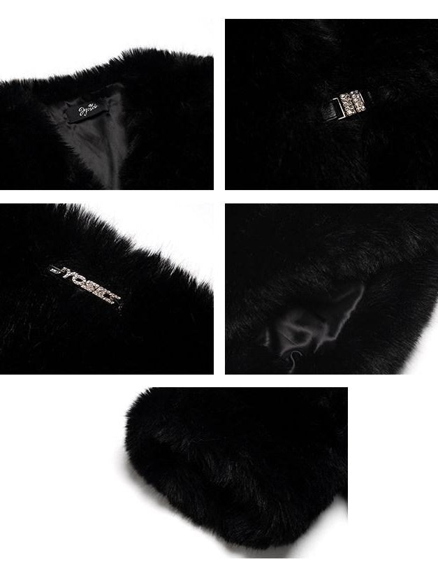 JYOSEI Eco Friendly Warm Faux Fur Cleanfit Loose V-neck Women Black Cropped Jackets