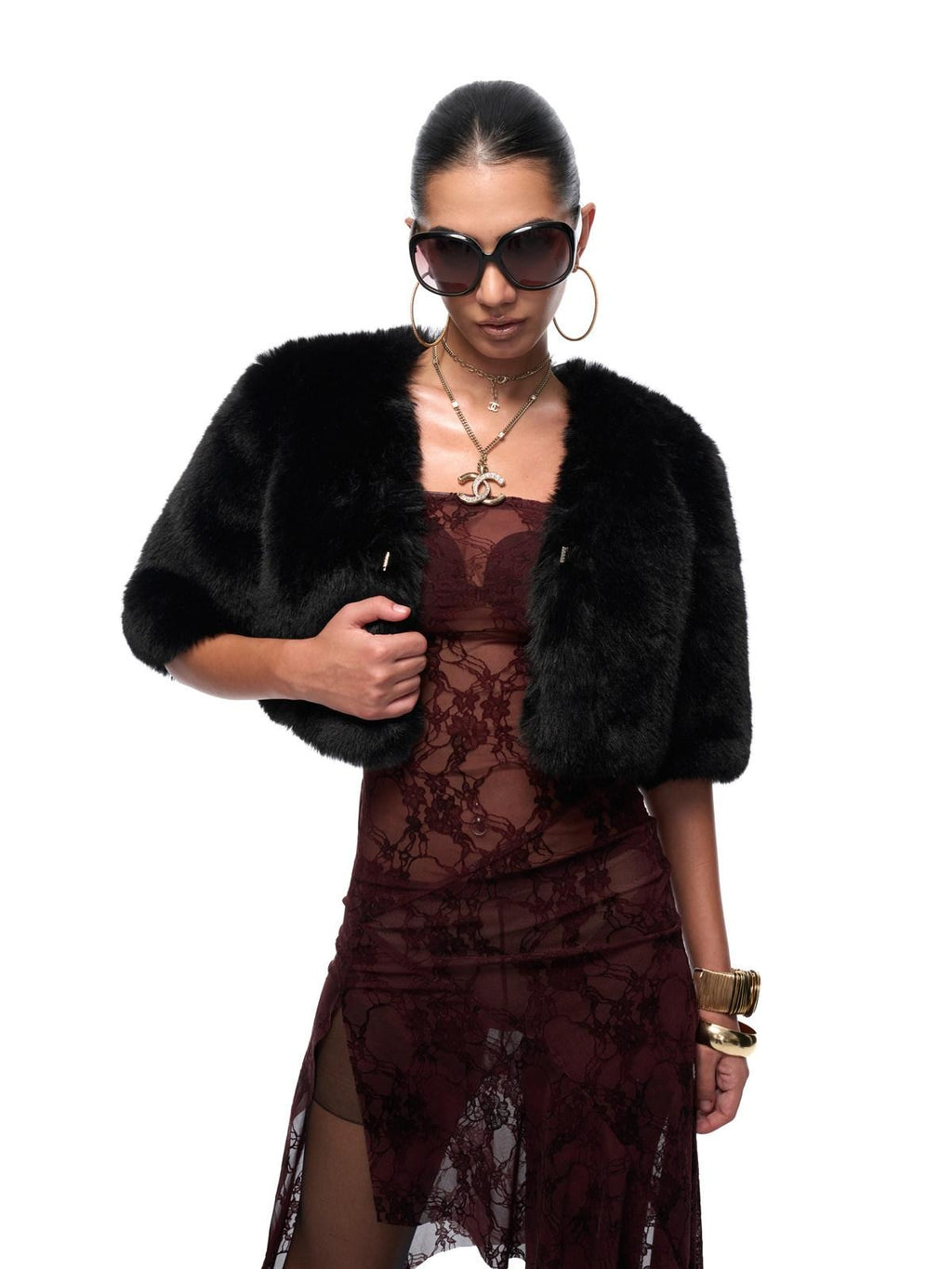 JYOSEI Eco Friendly Warm Faux Fur Cleanfit Loose V-neck Women Black Cropped Jackets