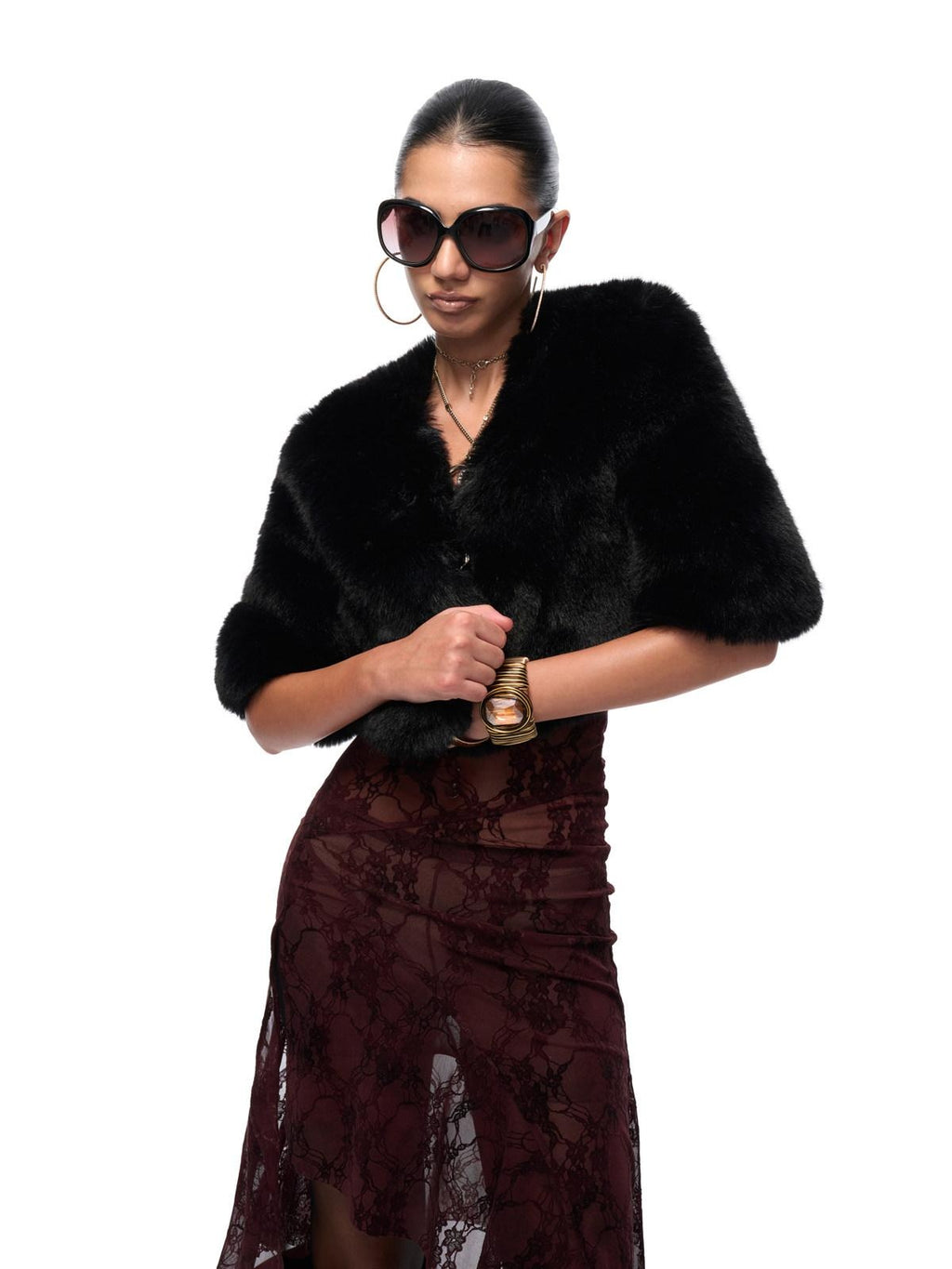 JYOSEI Eco Friendly Warm Faux Fur Cleanfit Loose V-neck Women Black Cropped Jackets