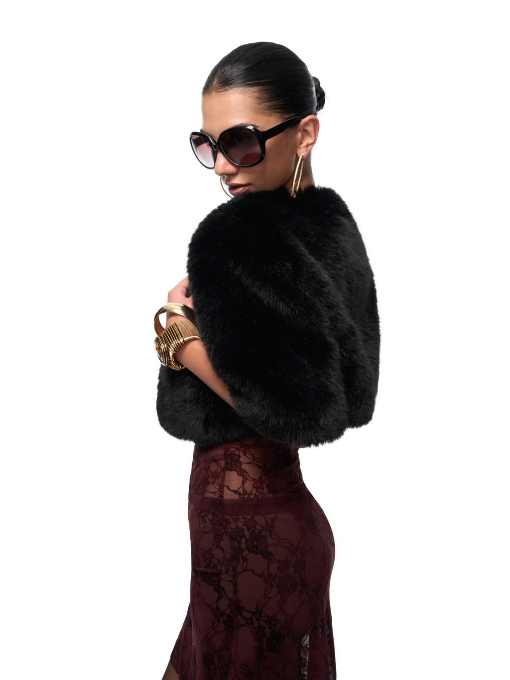 JYOSEI Eco Friendly Warm Faux Fur Cleanfit Loose V-neck Women Black Cropped Jackets