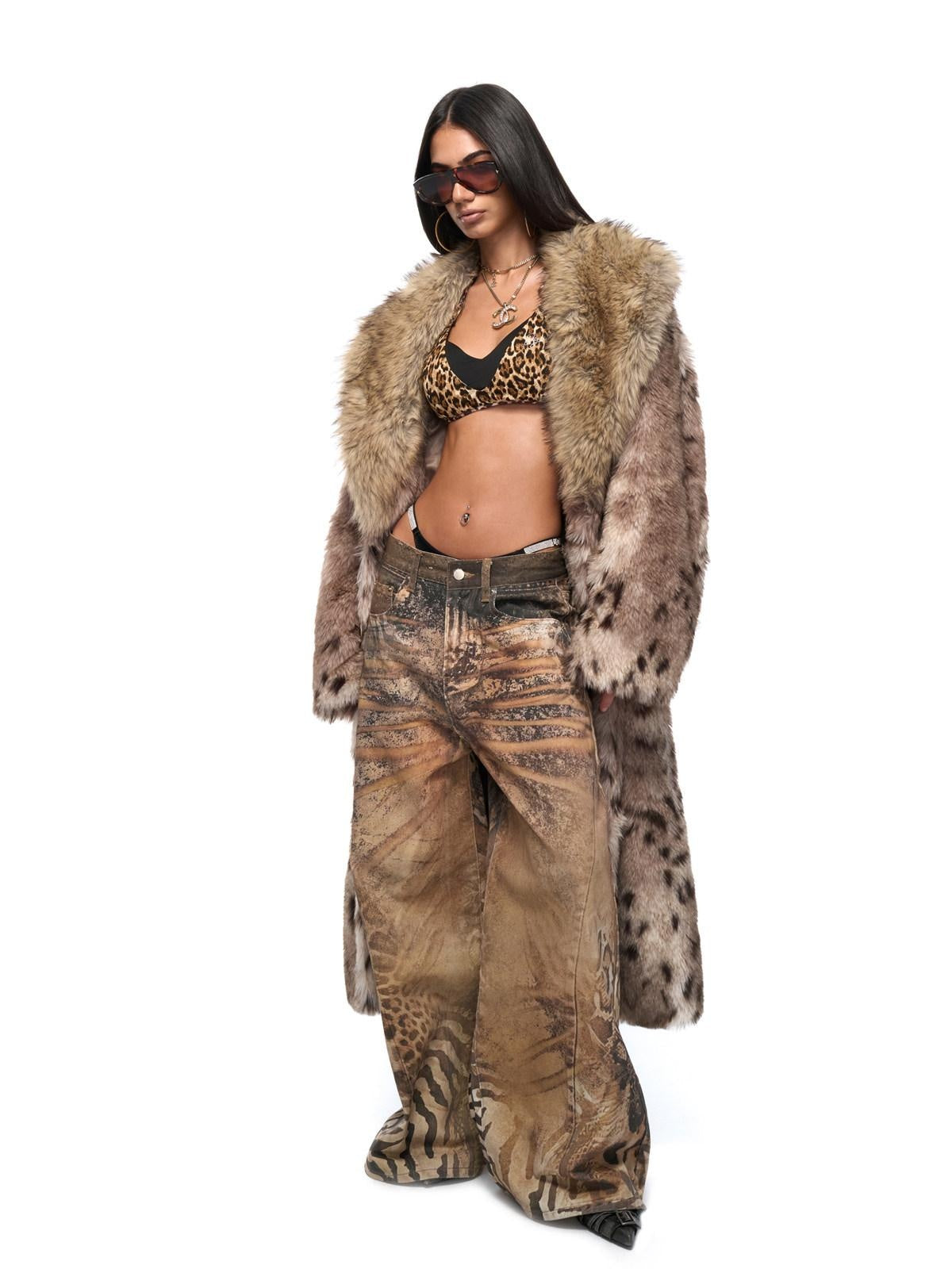 JYOSEI Eco Friendly Warm Faux Fur Leopard Colorblock Loose Fit Women Long Coats