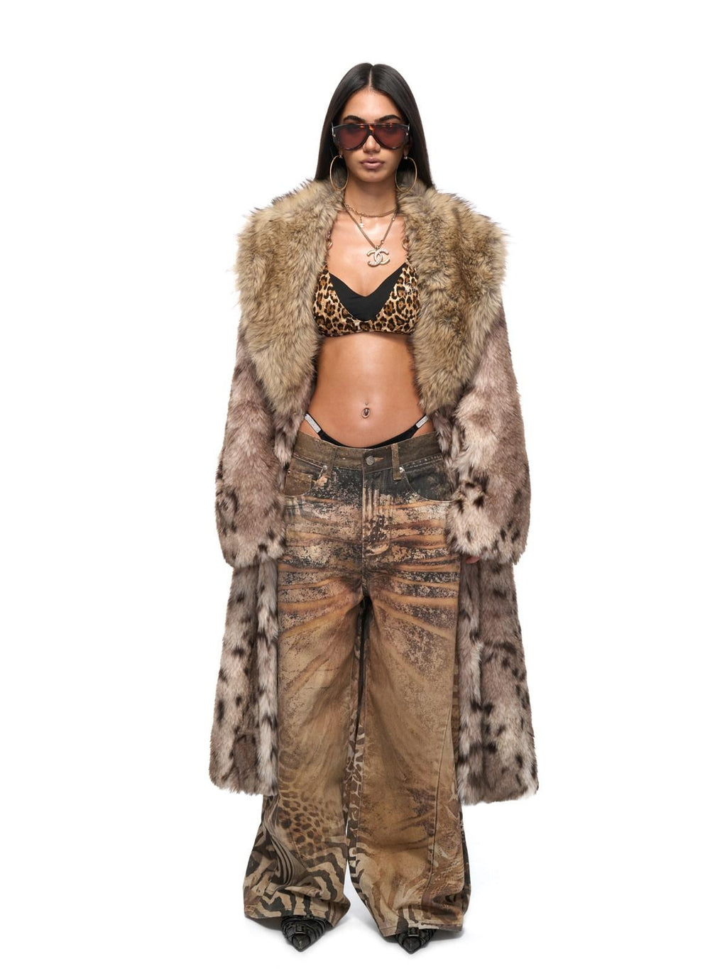 JYOSEI Eco Friendly Warm Faux Fur Leopard Colorblock Loose Fit Women Long Coats