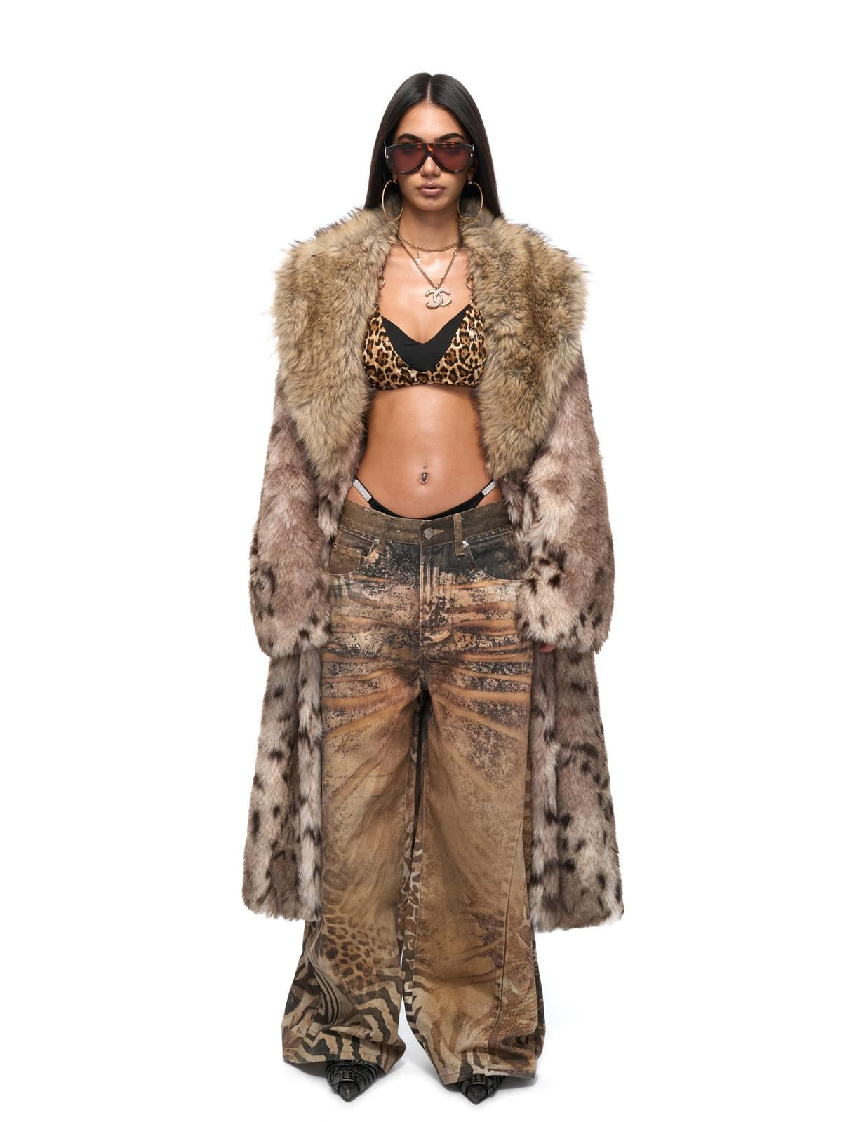 JYOSEI Eco Friendly Warm Faux Fur Leopard Colorblock Loose Fit Women Long Coats