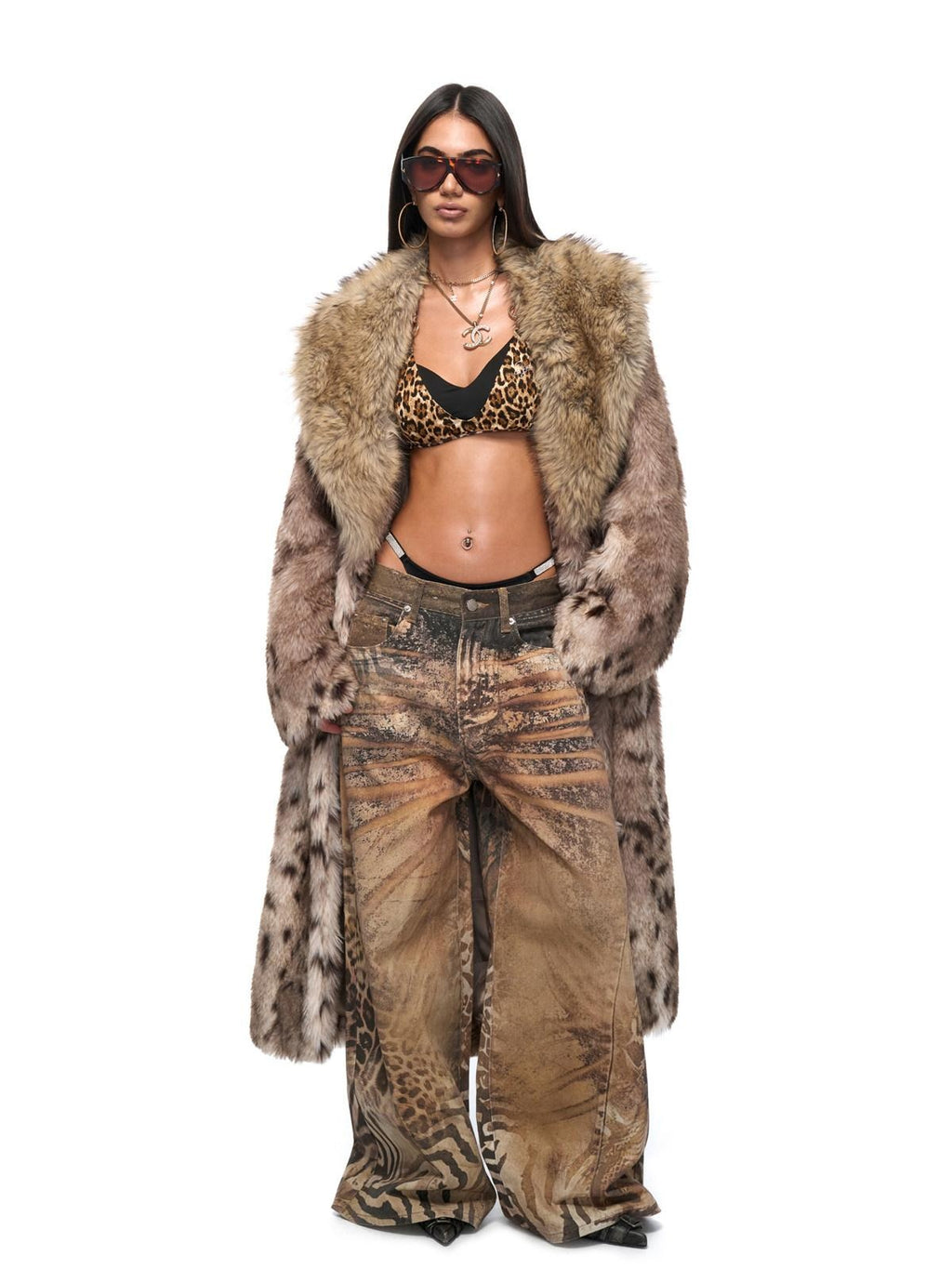 JYOSEI Eco Friendly Warm Faux Fur Leopard Colorblock Loose Fit Women Long Coats