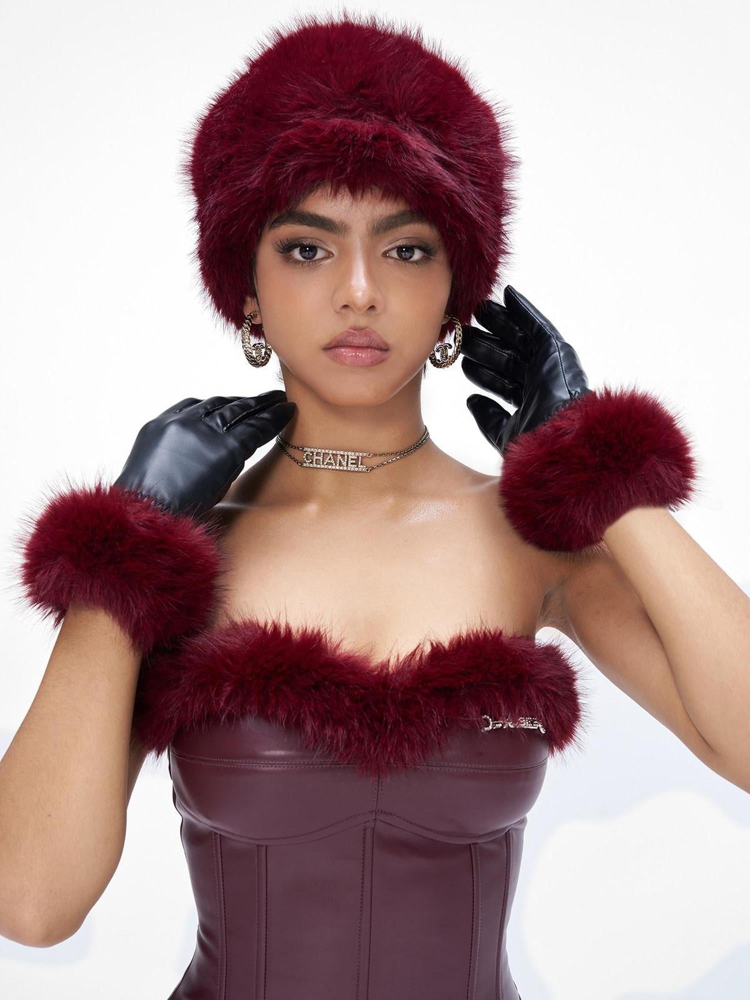 JYOSEI Elegant Rhinestone Flat Top For Women Geo Colorblock Angora Red One Size Beanies