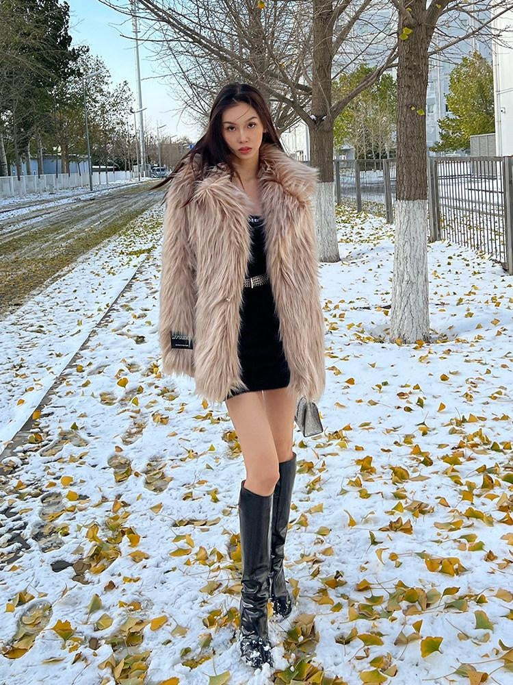 JYOSEI Faux Fur Collar Mid Length Straight Fit Street Style Camel Women Short Coat