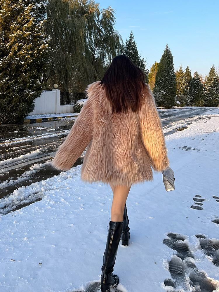 JYOSEI Faux Fur Collar Mid Length Straight Fit Street Style Camel Women Short Coat