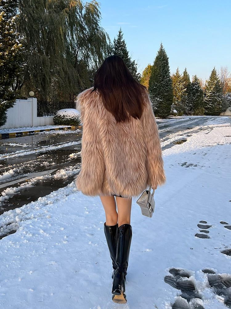 JYOSEI Faux Fur Collar Mid Length Straight Fit Street Style Camel Women Short Coat