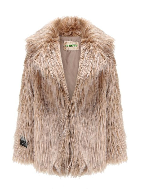JYOSEI Faux Fur Collar Mid Length Straight Fit Street Style Camel Women Short Coat