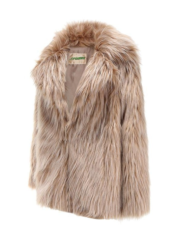 JYOSEI Faux Fur Collar Mid Length Straight Fit Street Style Camel Women Short Coat