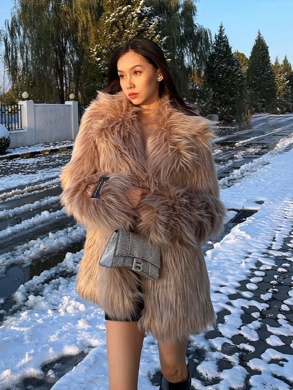 JYOSEI Faux Fur Collar Mid Length Straight Fit Street Style Camel Women Short Coat