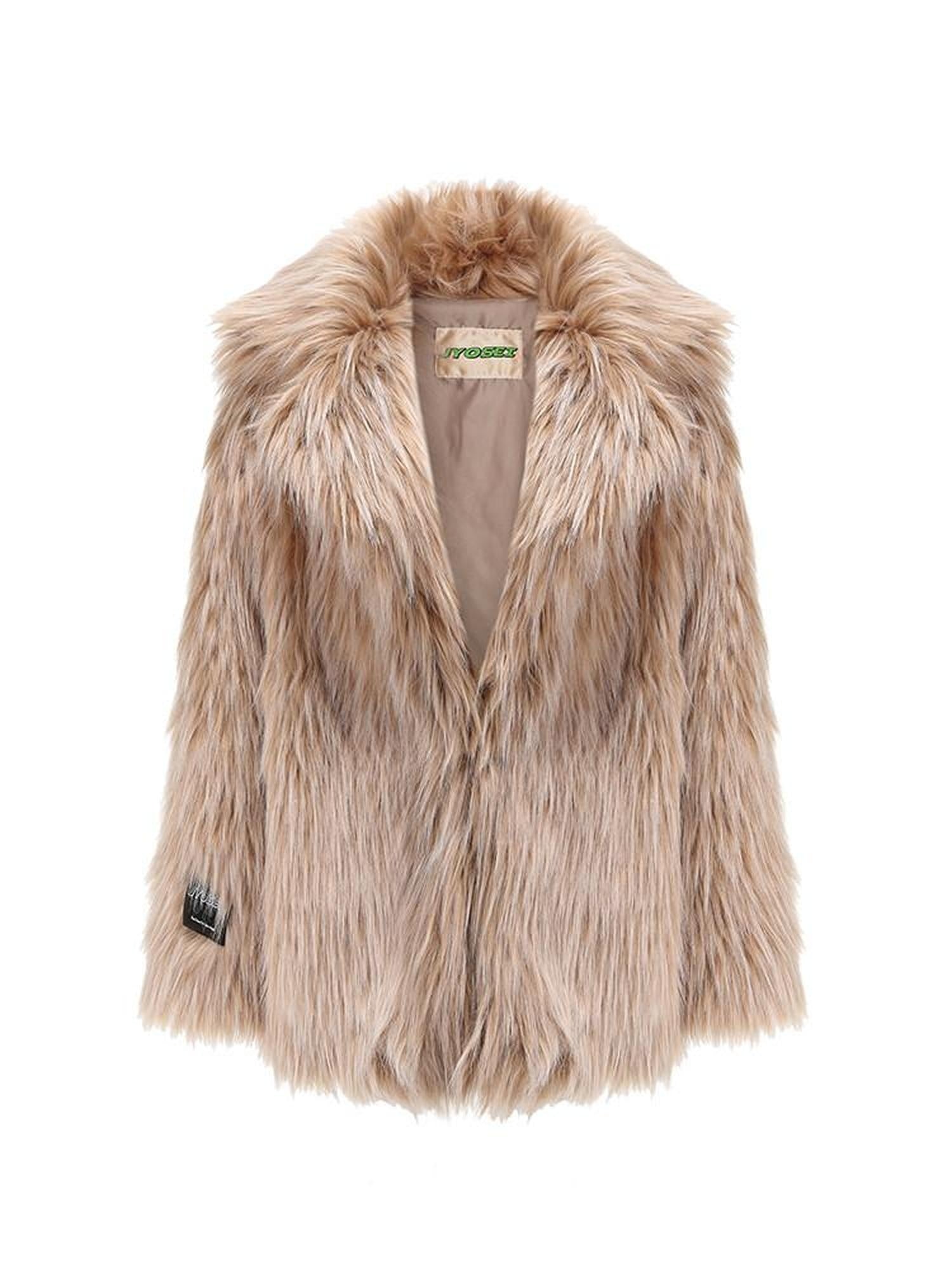 JYOSEI Faux Fur Collar Mid Length Straight Fit Street Style Camel Women Short Coat