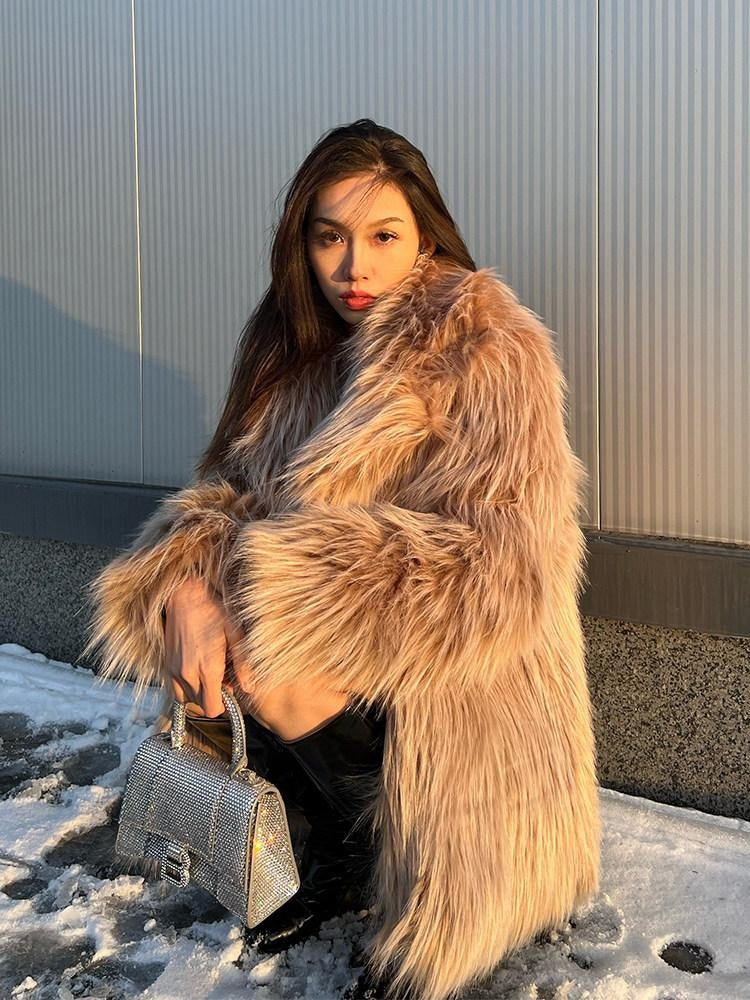 JYOSEI Faux Fur Collar Mid Length Straight Fit Street Style Camel Women Short Coat