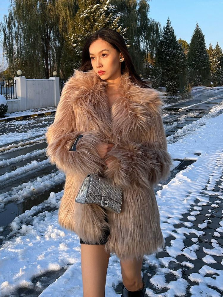 JYOSEI Faux Fur Collar Mid Length Straight Fit Street Style Camel Women Short Coat