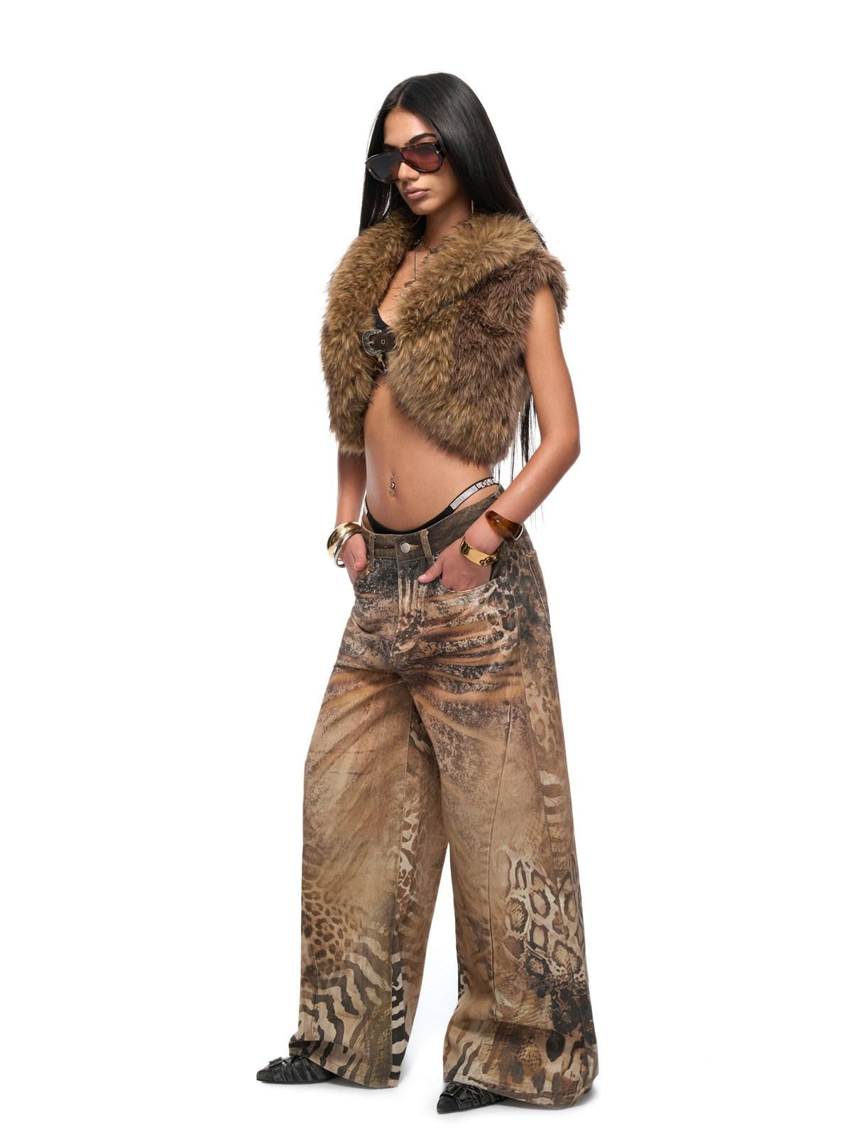 JYOSEI Faux Fur Trim Cropped High Waisted V-neck Thick Brown Sexy Women Polyester Vests