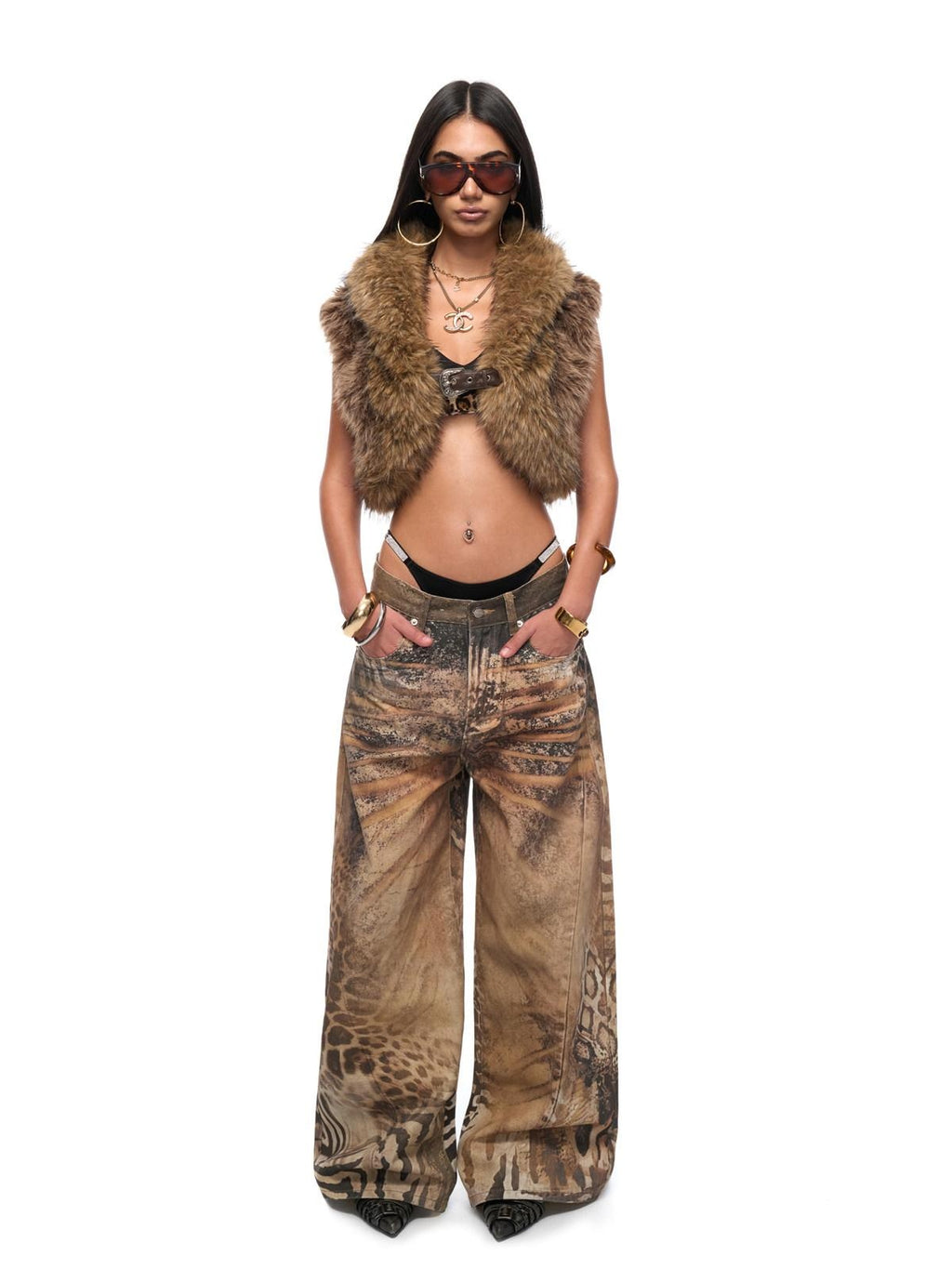 JYOSEI Faux Fur Trim Cropped High Waisted V-neck Thick Brown Sexy Women Polyester Vests
